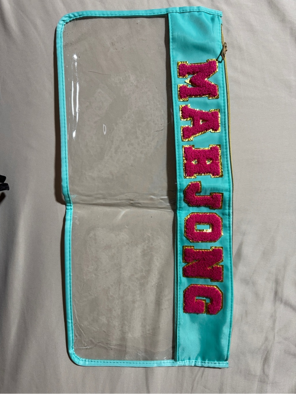 Personalized Turquoise Clear Travel tile bag with Pink Lettering - Mahjong